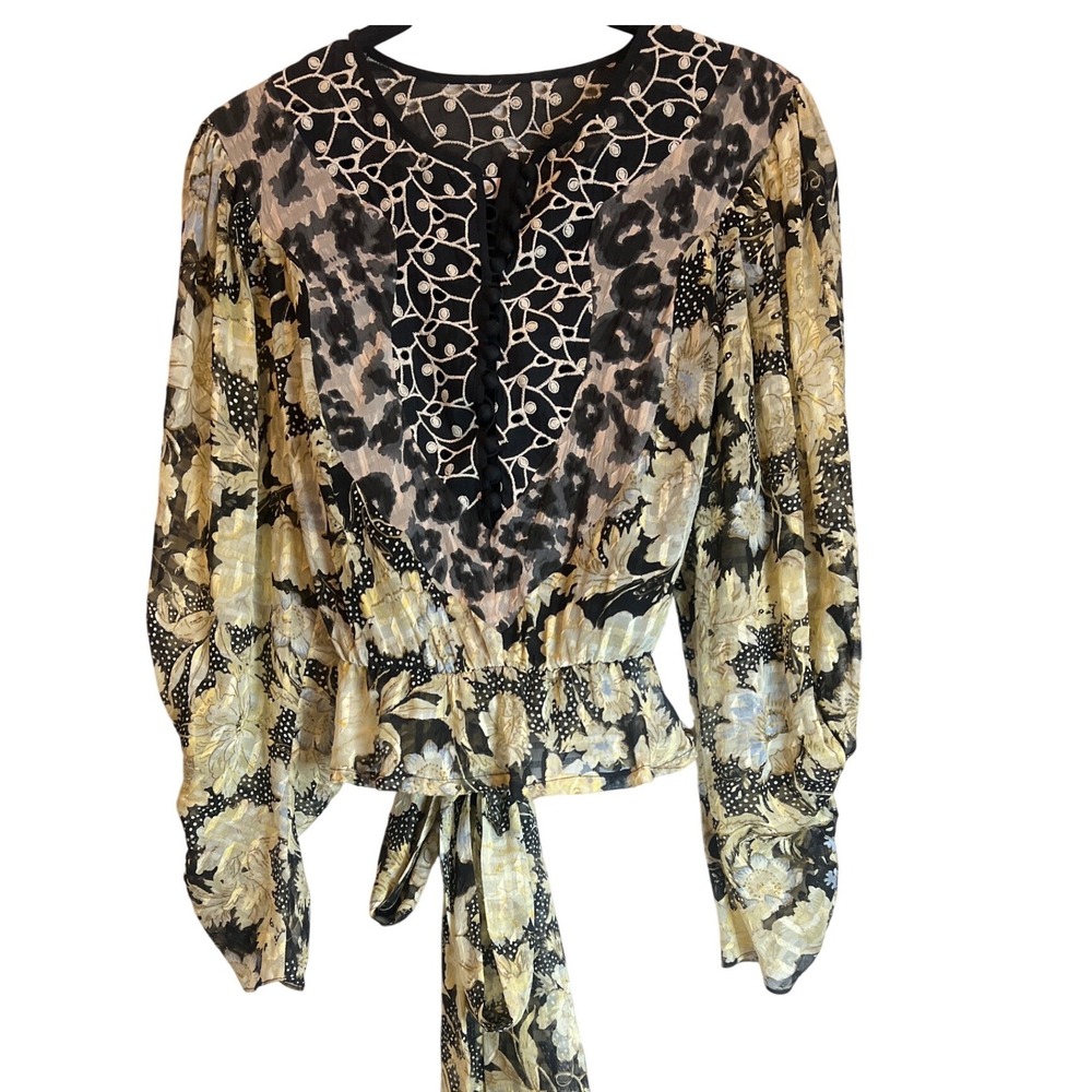 Rebecca Taylor Mixed Print Silk Blouse‎ Leopard Floral Peplum Tie Back Size 4